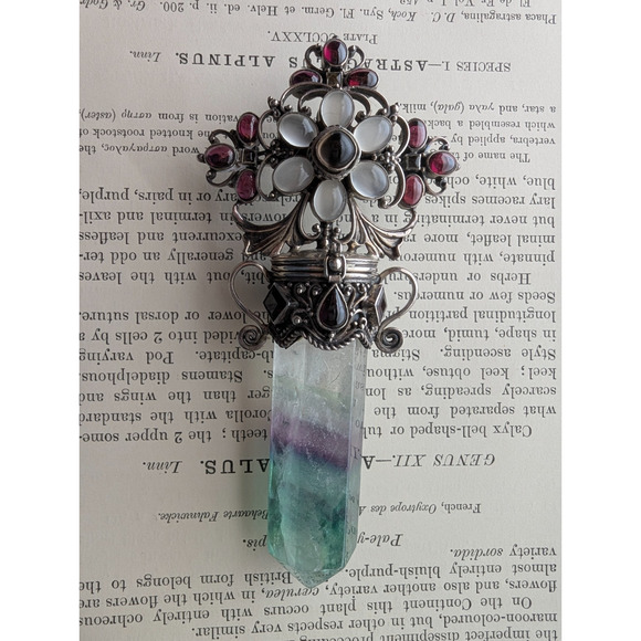 Vintage Florite Point Box Pendant with Ornate Floral Focal Signed - Picture 6 of 16